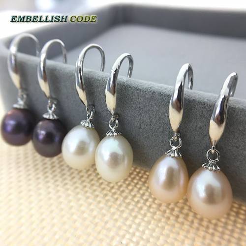 Hook dangle earrings Classic simple stely real fresh water Cultured AAA pearl white pink black color Rainbow Lustrous for women
