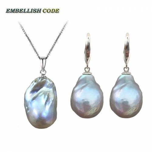 Hot Simple baroque pearl pandent necklace hook dangle earrings set nucleated fire ball shape gray grey color box chain 16‘‘ 18‘‘