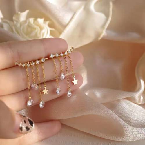 Korean Fashion Star Crystal Tassel Drop Hook Dangle Womens Earrings Rear Hanging For Fine Female Fairy Trendy Party Jewelry Gift