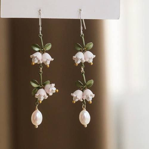 MENGJIQIAO Fresh Green Leaves Drop Earrings For Women Girls Elegant Long Flower Pearl Hook Brincos Jewelry Gift