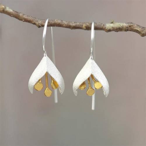 Metallic Snowdrop Flower Earrings - Two-tone Floral Jewellry - Botanical Earring - Flower Hooks January Birth Flower #IY38C3