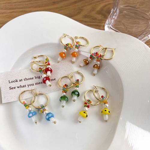Minar Cute Lovely Colorful Glass Mushroom Hoop Earrings for Women Golden Hook Rainbow Beads Long Earring Daily Holiday Jewelry
