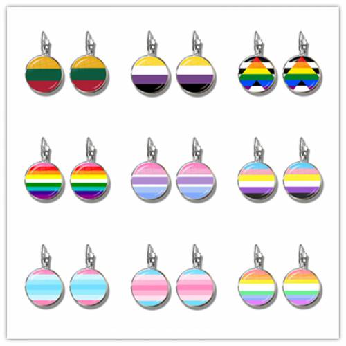 New Fashion Glass Cabochon Colorful Rainbow Flower Earrings Crystal French Hooks Earrings For Bisexual Lgbt Gay Pride Jewelry