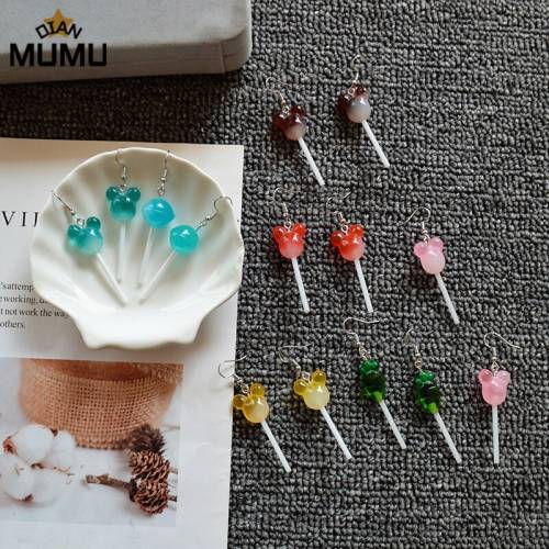 New sweet girl personality gradient candy color Mickey head lollipop long hand-made ear hook simple earrings