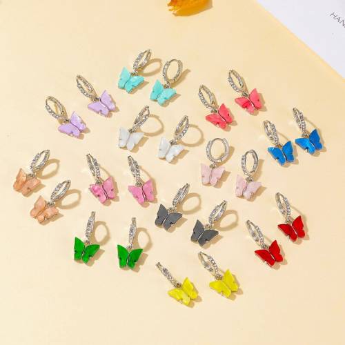 Rainbow Resin Arcylic Butterfly Hook Earrings for Women Mujer Mtal Bling Rhinestones Simulation Wing Drop Earrings Party Jewelry