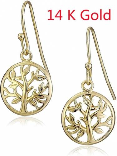 Round Shimmering 14 k gold Life Tree Hollow Out Scrub Earrings for Women Fine Jewelry Hook Dangle Gifts
