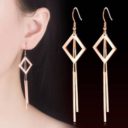 Simple Romantic Long Chain Tassel Drop Earrings For Women Geometric Rectangle Hollow Dangle Ear Hook Charming Earring Jewelry