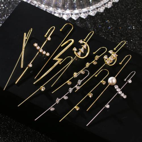 Simple Stylish Stud Earrings For Woman Geometric Cross Chain Crystal Hook Earrings Pearl Lightning Ear Climber Jewelry