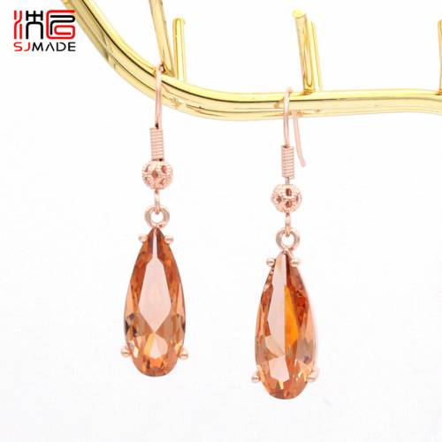 SJMADE Korean Fashion Classic Long Water Drop Cubic Zirconia Dangle Earrings 585 Rose Gold Ear Hook For Women Wedding Jewelry