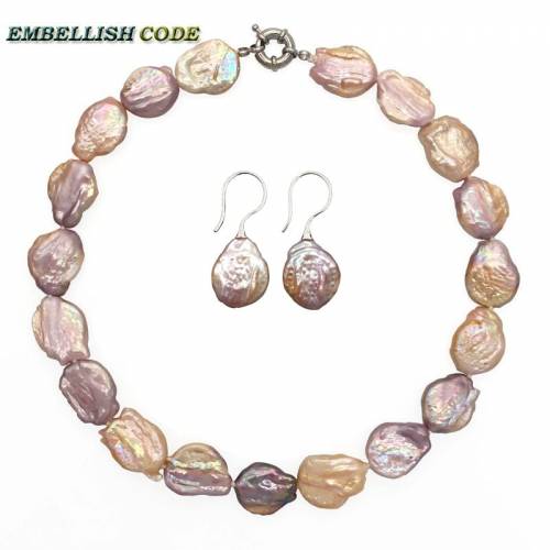 Special Rainbow baroque coin pearls necklace hook dangle earrings set Mixed mixture color cultured pearls elegant for women