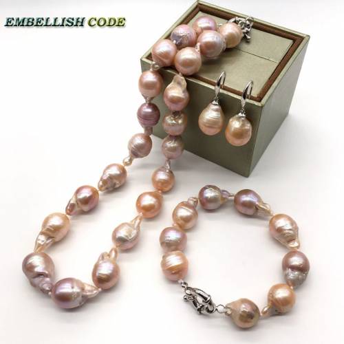 Special Rainbow mixed nucleated baroque fire ball pearls statement necklace bracelet hook earrings set peach freshwater pearl