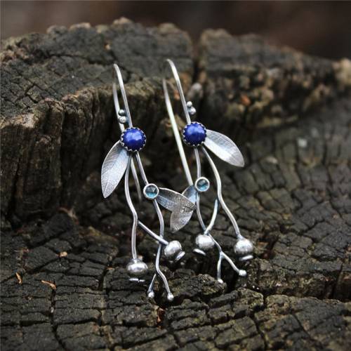 Vintage Blue Stone Branch Leaves Dangle Hook Earrings For Women Fashion Jewelry Ethnic Tribal Statement Drop Earring Accessories