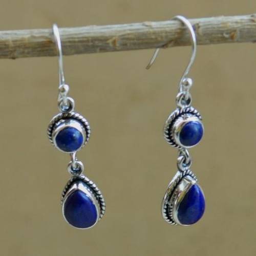 Vintage Bohemian Ethnic Style Water Drop Blue Amethyst Gemstone Drop Earrings Women Dangle Hook Earrings Jewelry