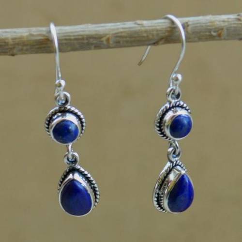 Vintage Bohemian Ethnic StyleSilver Water Drop Blue Amethyst Gemstone Drop Earrings Women Dangle Hook Earrings Jewelry