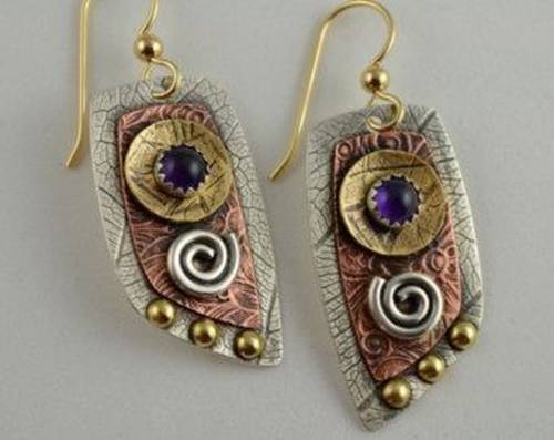 Vintage Fashion Two Tone Spiral Leaf Printing Carving Hook Dangle Earrings for Women Geometric Mosaic of Purple Stones Earring