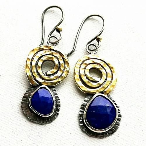 Water Droplets Blue Stone Earrings Asymmetrical Jewelry Metal Engraved Stripes Two Tone Whirl Spiral Hook Earrings for Women