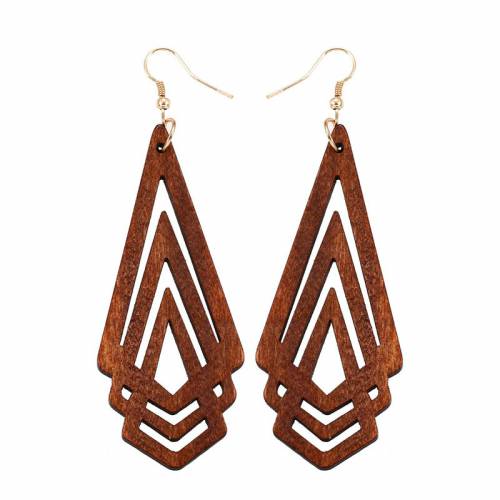 Western Style Wooden Earrings Retro Geometry Series Hollow Wood Earrings Gold Plated Hook Personalized Fashion Jewelry 1Pair