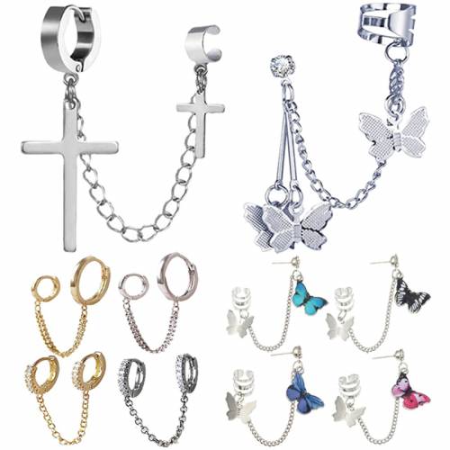 Women Punk One-piece Earrings Butterfly Cross Hoop Clip Earrings Ear Hook Pendant Stainless Steel Ear Clips Earring Jewelry Gift