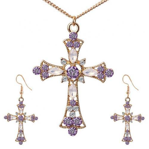 Women Rhinestone Inlaid Cross Pendant Chain Necklace Hook Earrings Jewelry Set Necklace Earring Decoration Chain 2021 Trend