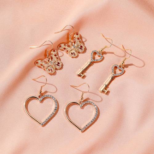 Women‘s Earring Hook Fashion Hollow Love Heart Shape Key Metal Butterfly Pendant Stud Earrings for Women Girls Jewelry