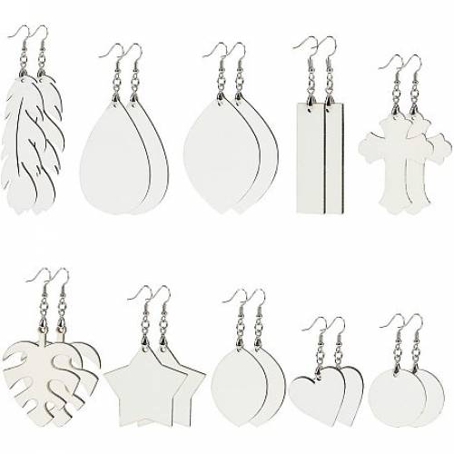 Wood Dangle Earrings - with Brass Earring Hooks and Ice Pick Pinch Bails - Mixed Shapes - Platinum - 10sets/bag