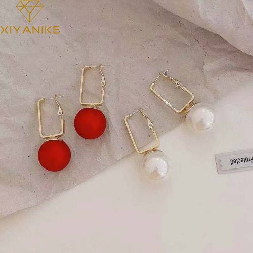 XIYANIKE Hollow Gold Rectangular Hook Dangling Earrings Simple Geometric White Red Champagne Pearl Earrings For Women Jewelry