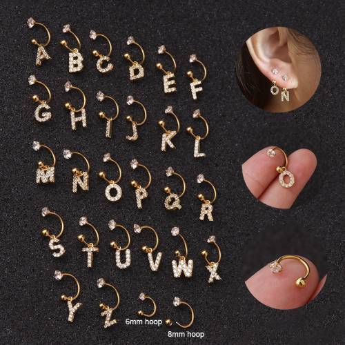 1PC 26 English Letter Zircon Pendant Hoop Ear Cartilage Earrings Stainless Steel Initial Ear Puncture Helix Piercing Earring