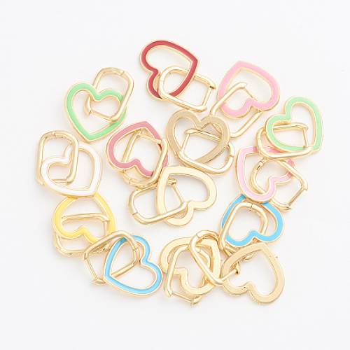 NBEADS Golden Plated Brass Huggie Hoop Earrings - with Enamel - Heart - Mixed Color - 275mm - Pin: 1mm