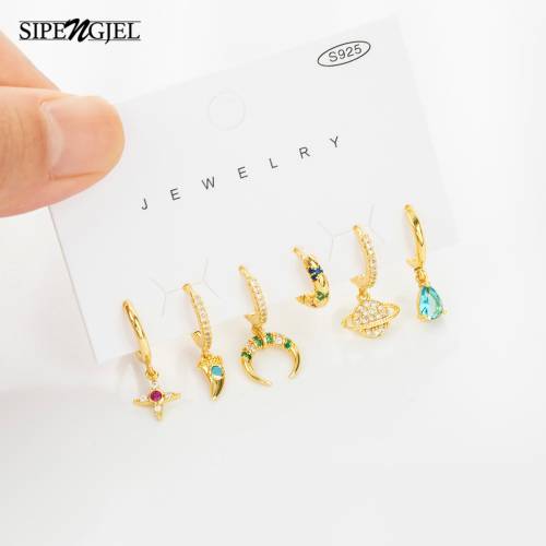 SIPENGJEL 6 Pcs Fashion Colorful Cubic Zircon Star Mon Hoop Earrings Set Pendant Huggie Earrings For Women Jewelry Gift
