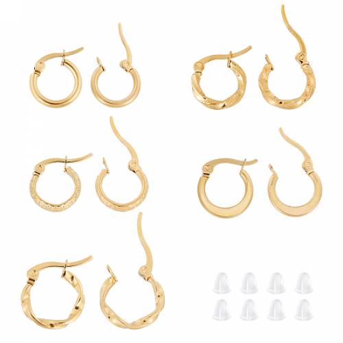 Unicraftale 201 Stainless Steel Hoop Earrings - with 304 Stainless Steel Pins and Plastic Ear Nuts - Flat Ring/Twisted Ring/Dapped Ring/Ring Shape -...