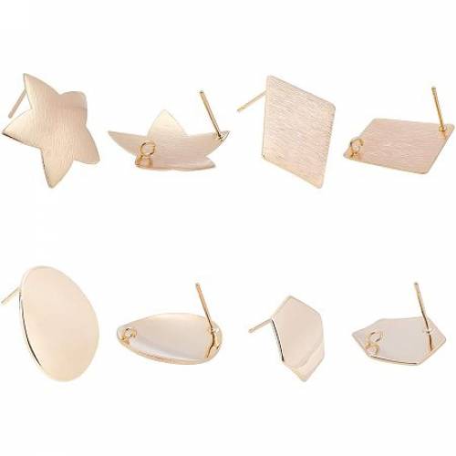 BENECREAT 16PCS 4-Mixed 18K Gold Plated Earring Studs Hexagon/Oval/Rhombus/Star Brass Earring Stud with Loop for Earring DIY Jewelry Making