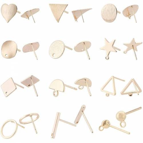 BENECREAT 24PCS 18K Gold Plated Earring Studs 12 Mixed Shape Brass Post Stud with Hoop for DIY Earring Making Supplies