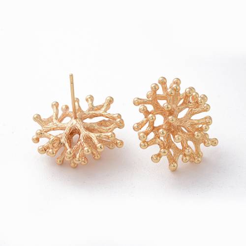 Brass Stud Earring Findings - for DIY Earring Making - with Loop - Nickel Free - Real 18K Gold Plated - Coral - 20~21x20~21mm - Hole: 12mm; Pin: 08mm