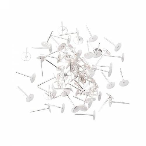 NBEADS 100pcs Iron 6mm Flat Pad Blank Peg & Post Ear Studs Findings - Silver Color Post Earring Ear Nail for DIY Earring Making Findings
