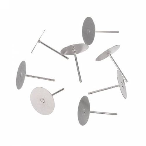 NBEADS 50pcs Iron 10mm Flat Pad Blank Peg & Post Ear Studs Findings - Silver Color Post Earring Ear Nail for DIY Earring Making Findings