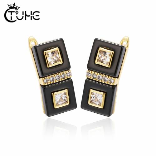 TUHE New Double Squar Ceramic Stud Earrings AAA Cubic Zirconia Ear For Women Fashion Jewelry Black White Trendy Ceramic Earring