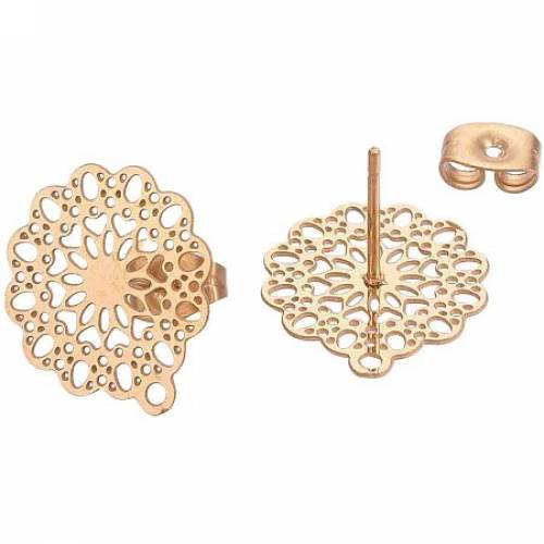 UNICRAFTALE 10pcs Flower Stainless Steel Stud Earring with Loop Earring Posts with Backs Golden Earring with Stoppers DIY Earring Components for...