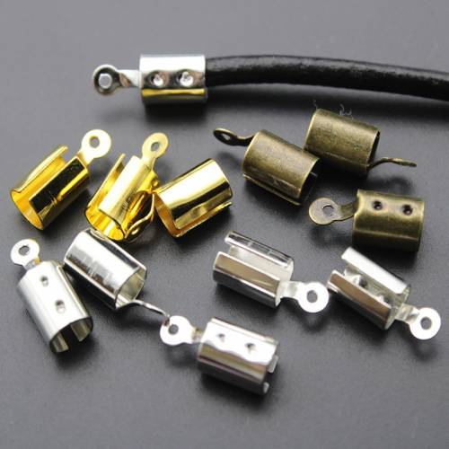 100pcs Fits 4mm Cord End Tip Fold Crimp beads cove clasps End Caps String Ribbon leather Clip Foldover For Necklace Connectors