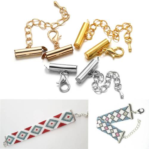 10set/lot Crimp End Beads Slide End Clasp With Chain Buckles Tubes Slider End Caps Connectors For DIY Jewelry Making Accessories