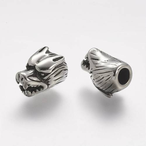 304 Stainless Steel Cord Ends - End Caps - For Leather Cord Bracelets Making - Wolf Head - Antique Silver - 17x11x11mm - Hole: 5mm