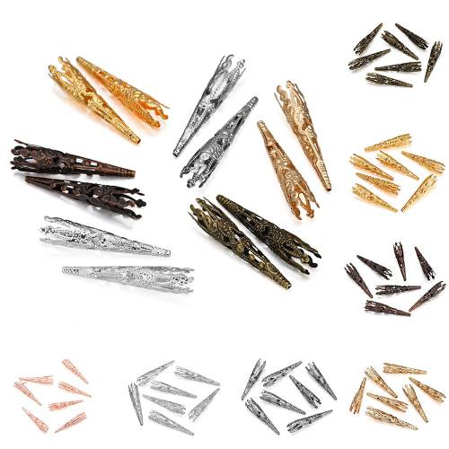 30pcs Alloy Caps Bead Hollow Out Flower 42X8mm Bugle Filigree Bead End Cap Cone Pendant Connector For Jewelry Making Supplies