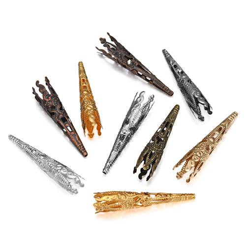 30pcs/Lot 42X8mm Alloy Bugle Filigree Caps End Bead Hollow Out Flower Cone Crystal Pendant Connector For Jewelry Making Supplies