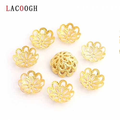 50pcs/lot Gold color Metal Lotus Flower Loose Spacer Bead Clasp Filigree Beads End Cap For Needlework DIY Jewelry Finding Making