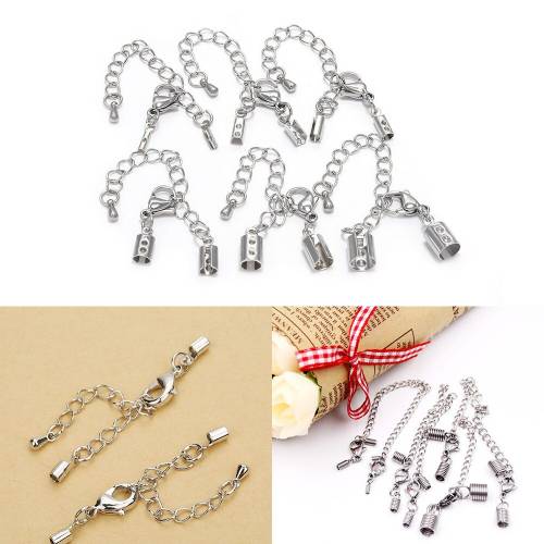 5pcs Stainless Steel Cord Clips 1-5mm End Cap With Lobster Clasp Chain Fit Round Leather Cord Connectors For DIY Jewelry Making