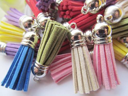 Free Shipping 100Pcs 39mm Mixed Suede Leather Jewelry Tassel For Key Chains/ Cellphone Charms Top Plated End Caps Cord Tip