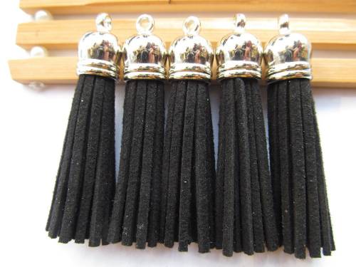 Free Shipping 100Pcs 59mm Black Suede Leather Jewelry Tassel For Key Chains/ Cellphone Charms Top Plated End Caps Cord Tip