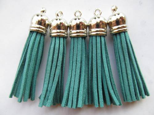 Free Shipping 100Pcs 59mm Gem Green Suede Leather Jewelry Tassel For Key Chains/ Cellphone Charms Top Plated End Caps Cord