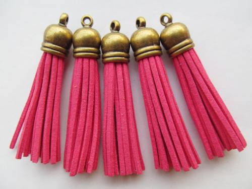 Free Shipping 100Pcs 59mm Hot Pink Suede Leather Jewelry Tassel For Key Chains/ Cellphone Charms Top Plated End Caps Cord Tip