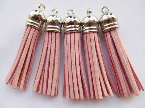 Free Shipping 100Pcs 59mm Light Pink Suede Leather Jewelry Tassel For Key Chains/ Cellphone Charms Top Plated End Caps Cord