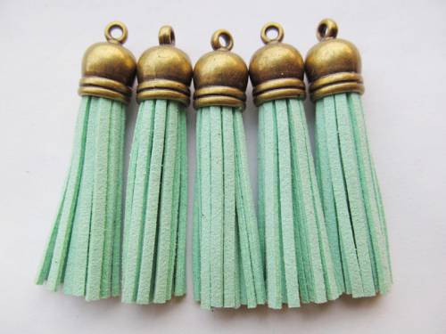 Free Shipping 100Pcs 59mm Mint Green Suede Leather Jewelry Tassel For Key Chains/ Cellphone Charms Top Plated End Caps Cord